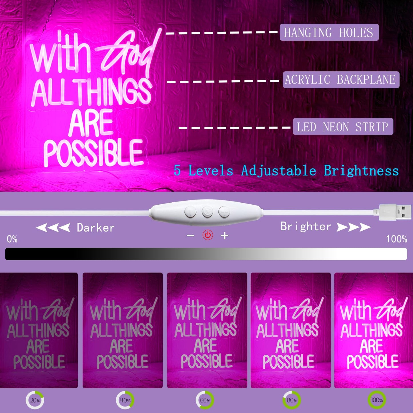 With God All Things Are Possible Neon Sign Pink God Led Lights for Wall Decor Letter LED Neon Lights Dimmable USB Powered for Room Party Wedding Church Decor
