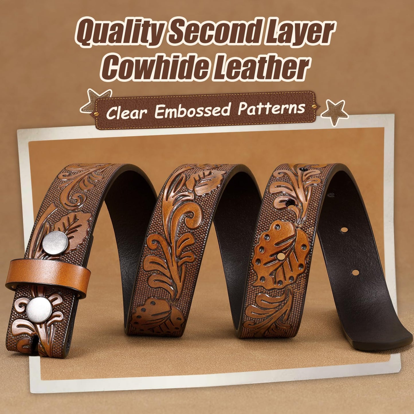 JKEEMI Kids Western Belt, Boys Girls Cowboy Belt for Kids with Detachable Square Buckle and Genuine Leather for Jeans Gifts