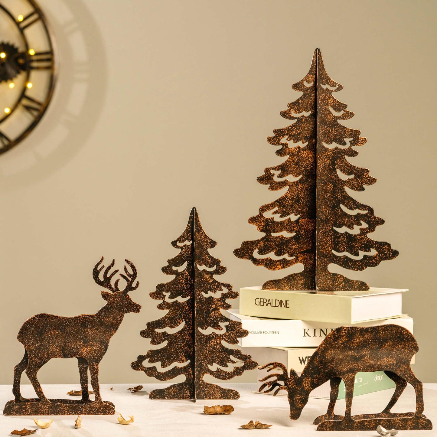 YULETIME 4-Piece Metal Christmas Reindeer and Tree Scene Silhouette Set, Winter Forest Deer & Spruce Landscape Holiday Tabletop Ornament