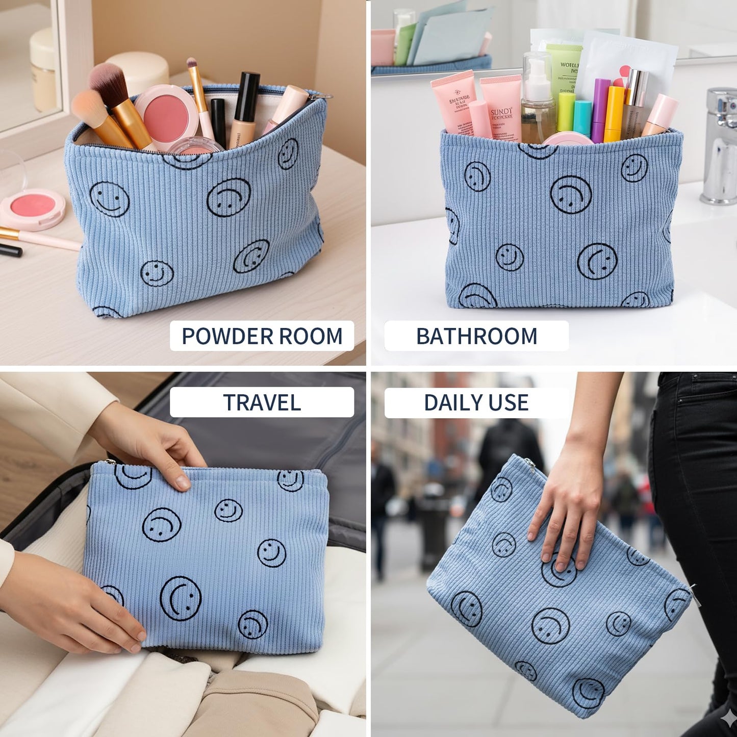 HFZRZFH Smiley Face Makeup Bag - Cute Blue Corduroy Small Toiletry Bags for Women, Soft Mini Skincare Organizer, Small Zipper Pouch For Travel Use