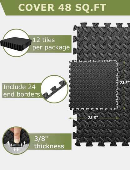 innhom Gym Flooring Gym Mats Exercise Mat for Floor Workout Mat Foam Floor Tiles for Home Gym Equipment Garage, 12 Black