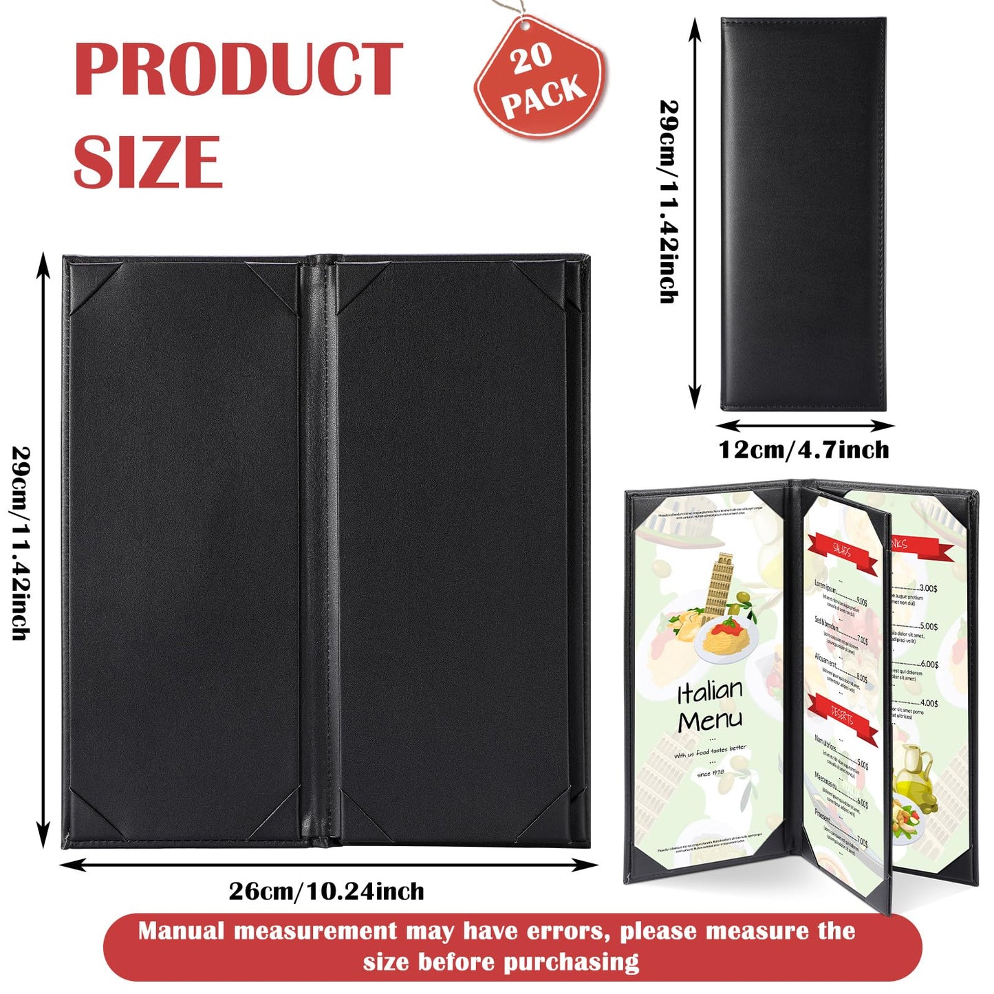 Jexine 20 Pcs Black Menu Covers Waterproof Restaurant Cafe Bar PU Leather 4 View Fold Menu Book with Angled Corners for Wine Drinks Cafes List Covers Set, 4.25 x 11 Inches