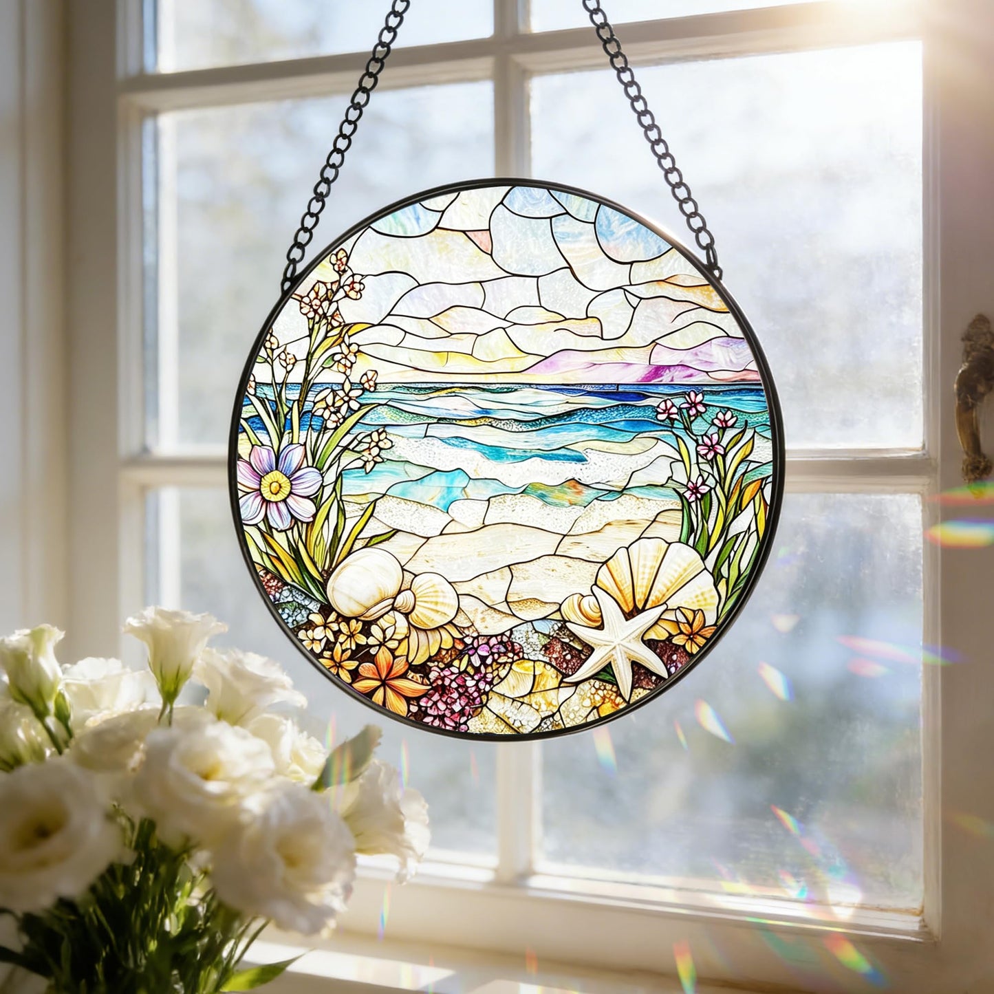 Stained Glass Window Hanging, 7.8 Inch Beach Stained Glass Suncatcher Ornament, Suncatchers for Windows, Doors & Home Decor, Starfish Coastal Window Decor, Summer Lover Gift & Gift for Beach Lovers