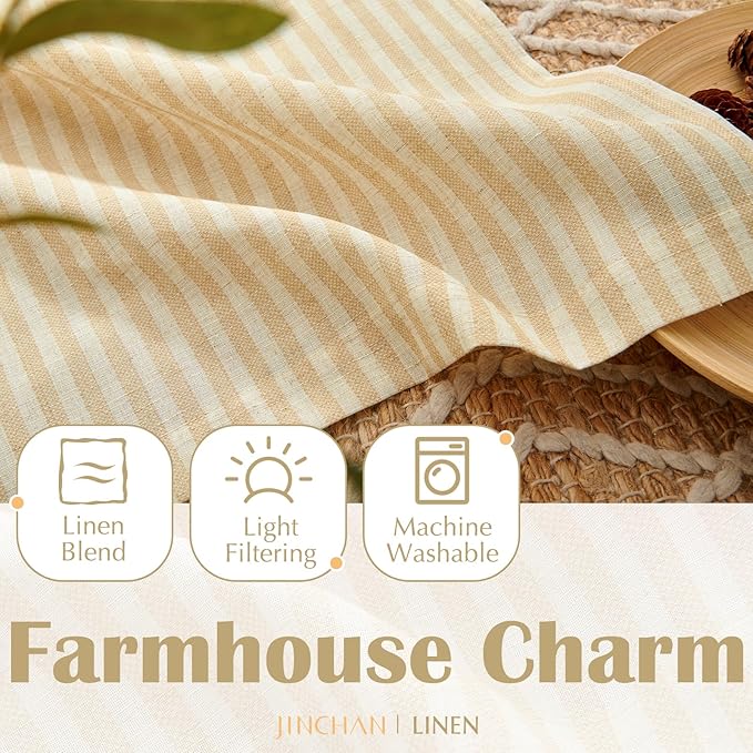 jinchan Striped Linen Kitchen Curtains 24 Inches Length Tier Curtains Farmhouse Modern Cafe Style Small Window Treatments Airy Light Filtering Rod Pocket for Living Room Bathroom 2 Panels Beige