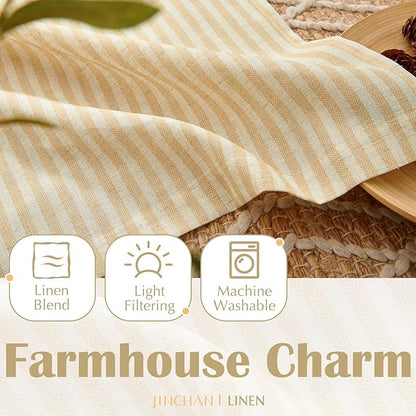 jinchan Striped Linen Kitchen Curtains 24 Inches Length Tier Curtains Farmhouse Modern Cafe Style Small Window Treatments Airy Light Filtering Rod Pocket for Living Room Bathroom 2 Panels Beige