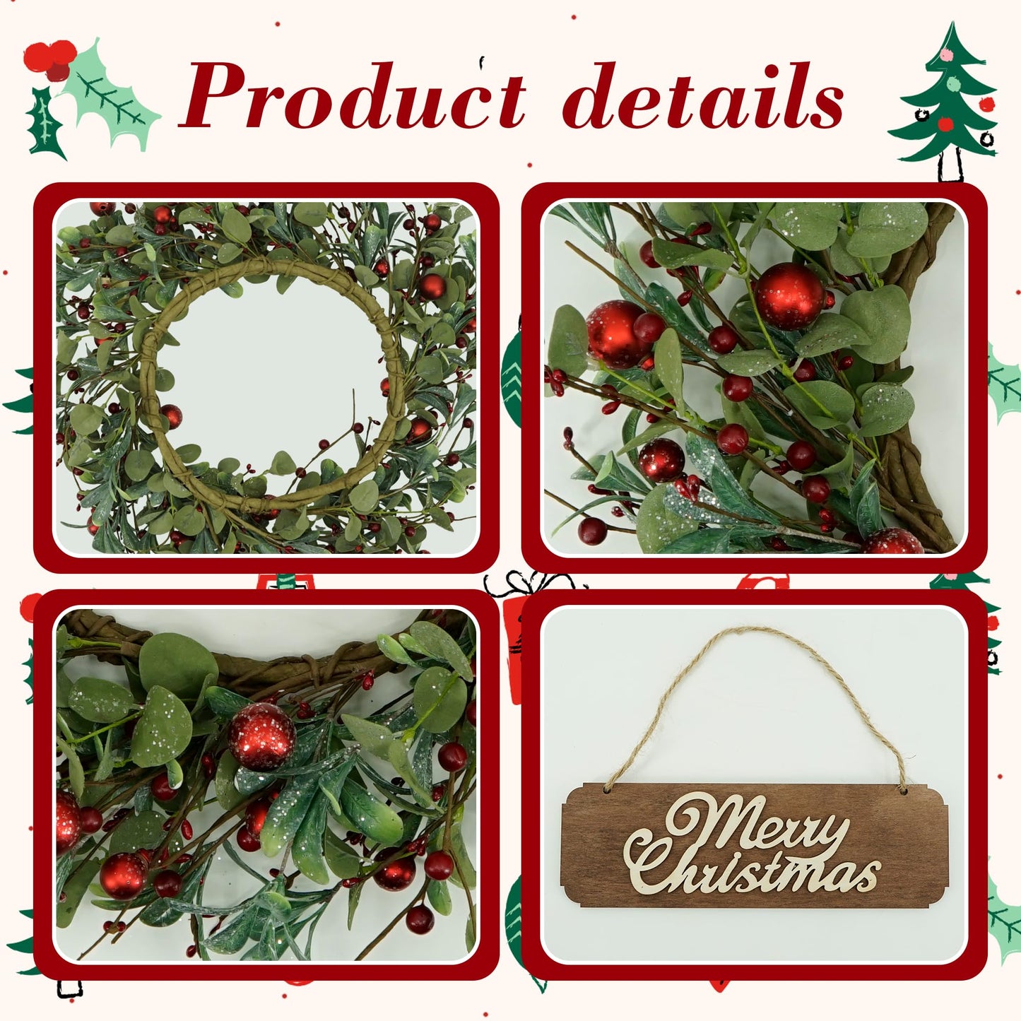 YNYLCHMX 20 Inch Christmas Wreath for Front Door, Winter Wreath with Welcome Sign Eucalyptus leaves Red Berry, Artificial Door Xmas Wreaths for Window Wall Fireplace Farmhouse Holiday Party Decoration