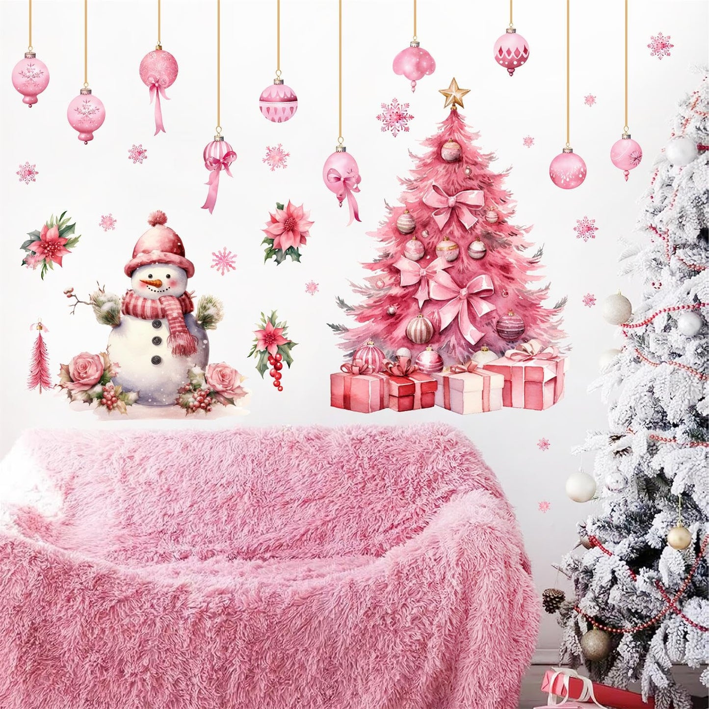 Large Pink Christmas Tree Wall Stickers Christmas Wall Decals Peel and Stick Snowman Stickers for Christmas Home Decor Indoor Hanging Ball Snowflake Art Murals for Living Room Xmas Party Supplies