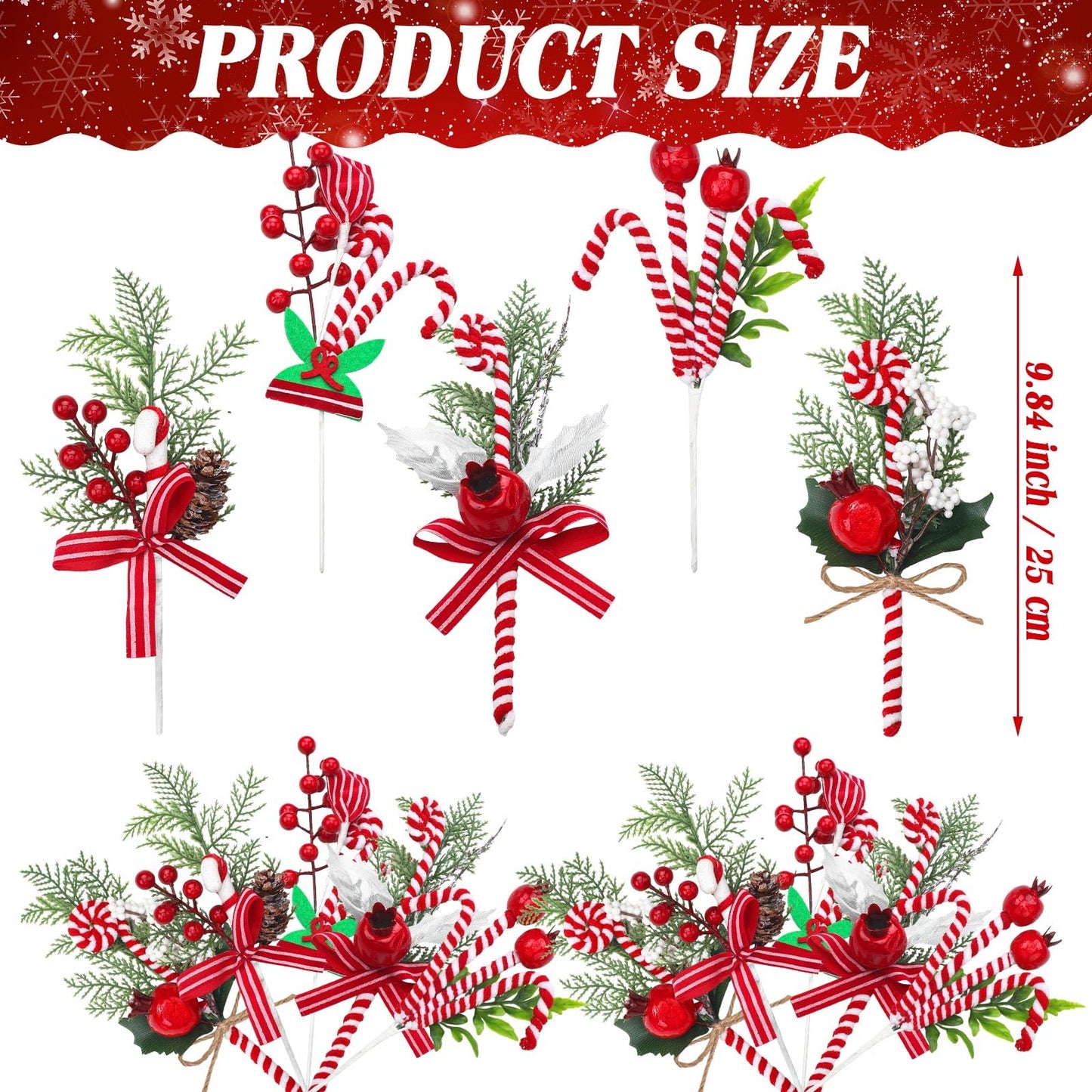Thiccywoov 20 Pcs Christmas Candy Cane Picks 10 Inch Peppermint Red and White Tree Ornaments Christmas Tree Branches Toppers for Xmas Vase Filler Holiday Wreath DIY Craft Party Decor (Classic Style)