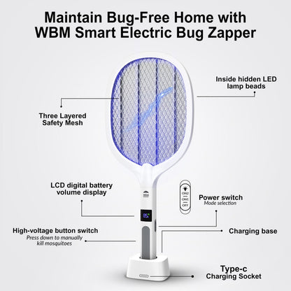 WBM SMART 2 in 1 Electric Bug Zapper, Mosquitoes Trap Lamp & Racket, USB Rechargeable Electric Fly Swatter for Home and Outdoor Powerful Grid 3-Layer Safety Mesh Safe to Touch