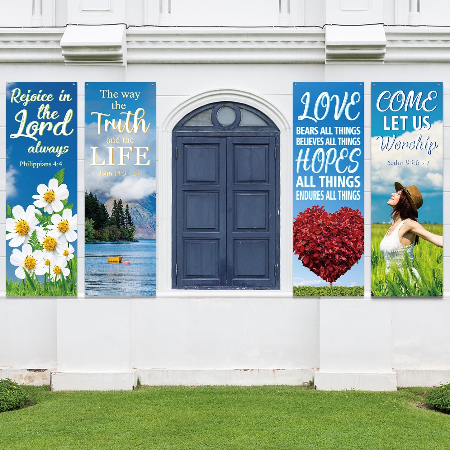 4Pcs Church Banners for Sanctuary Wall Welcome Inspirational Religious Banners Hanging Backdrop Fresh Scenic Pattern Church Banner with Scripture Bible Verses Exquisite Banner for Holiday School Decor