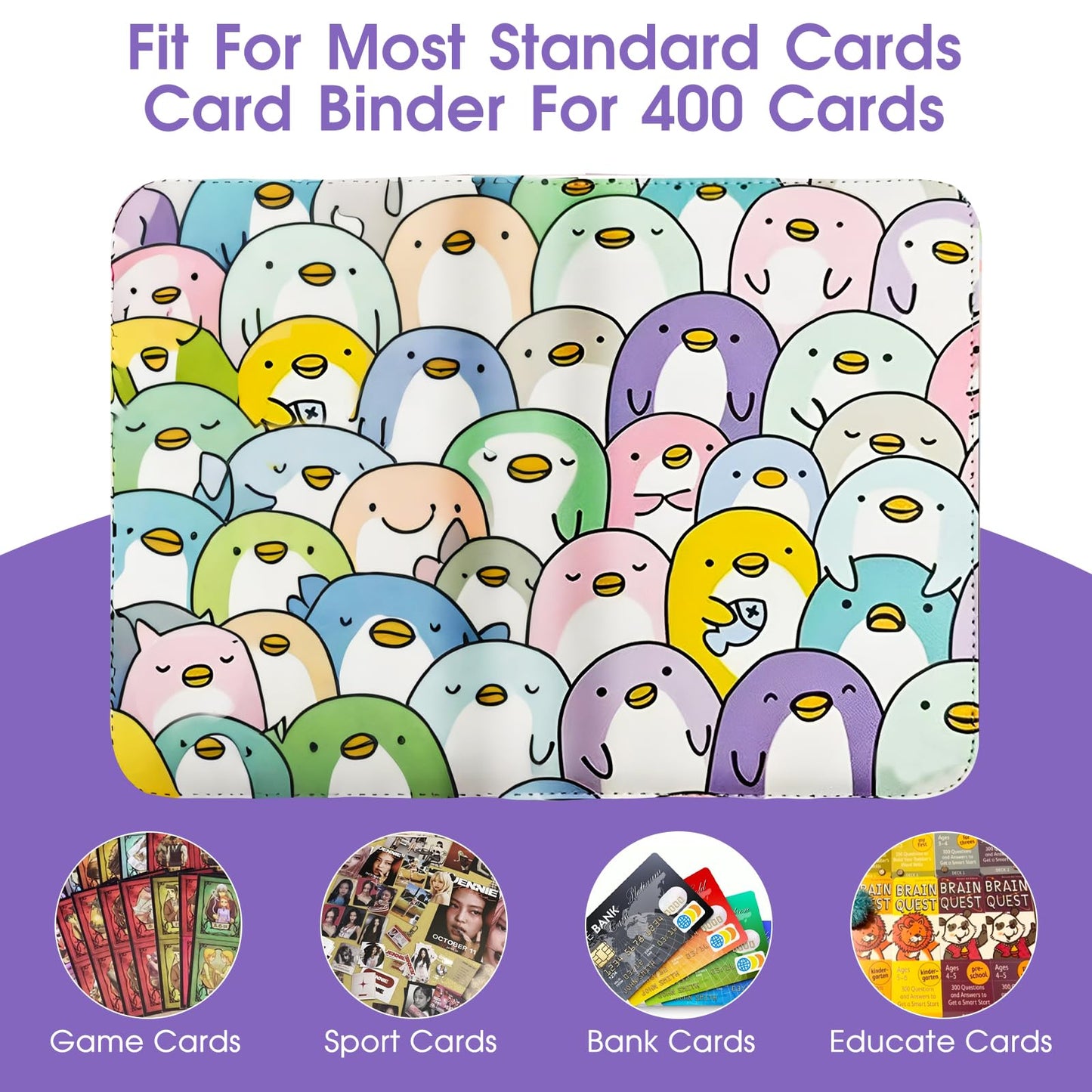 Trading Card Binder 4 Pocket with 50 Removable Sleeves, Card Holder Fits 400 Cards,Collection Album for Game Cards, Durable Collectible Storage Case for Girls and Boys(Penguin)