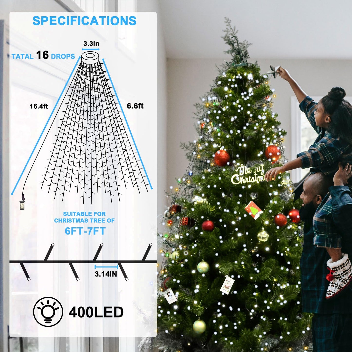 BOLWEO Christmas Tree Lights 400LED 16 Lines Christmas Lights for Tree 8 Modes for 6ft-7ft Tree, UL Certified Indoor Outdoor Christmas Decorations 16 * 6.6ft Drops Cool White