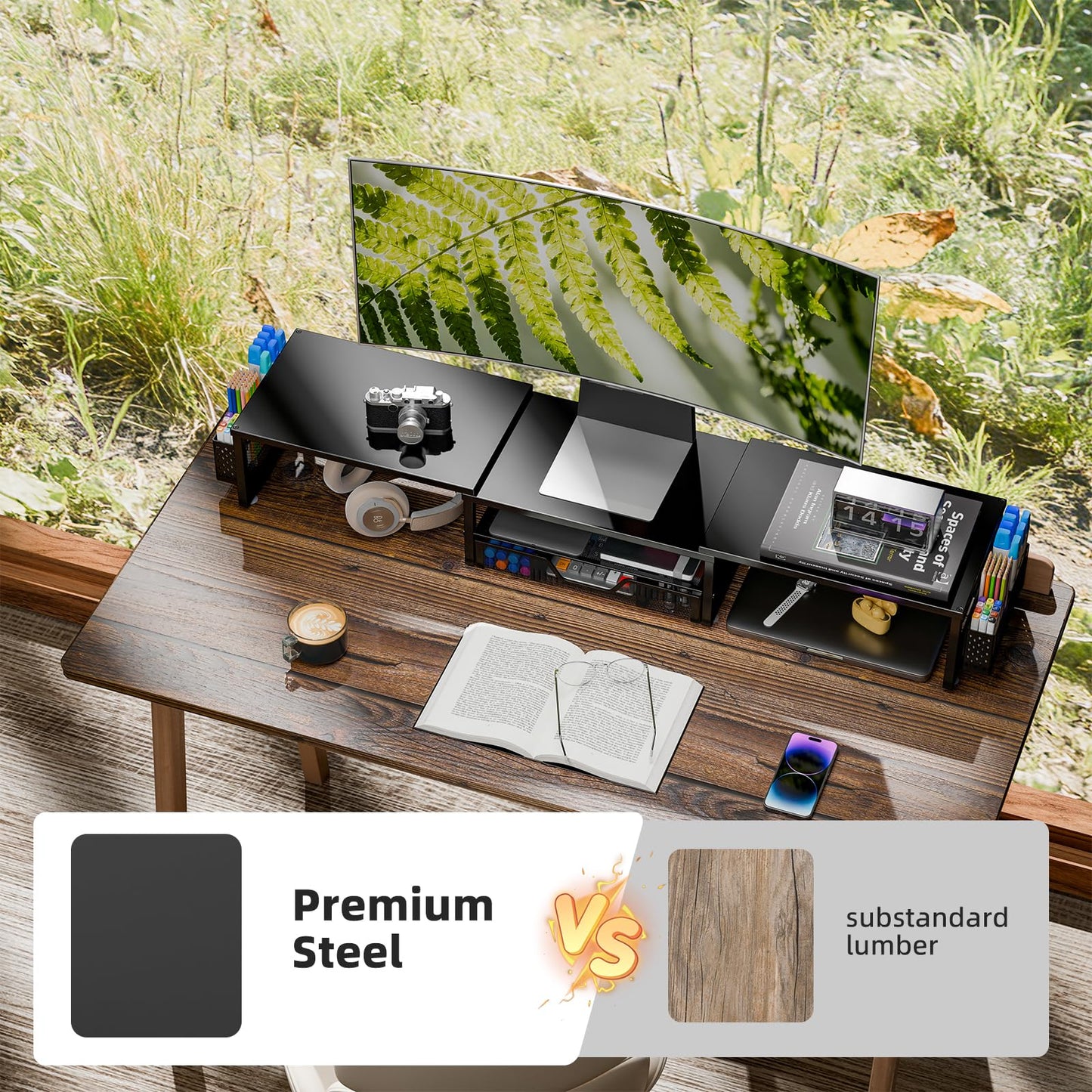 Simple Trending Desk Organizers and Accessories, Dual Monitor Stand Riser with Drawer and 2 Pen Holder, Shelf for Top of Desk, Black
