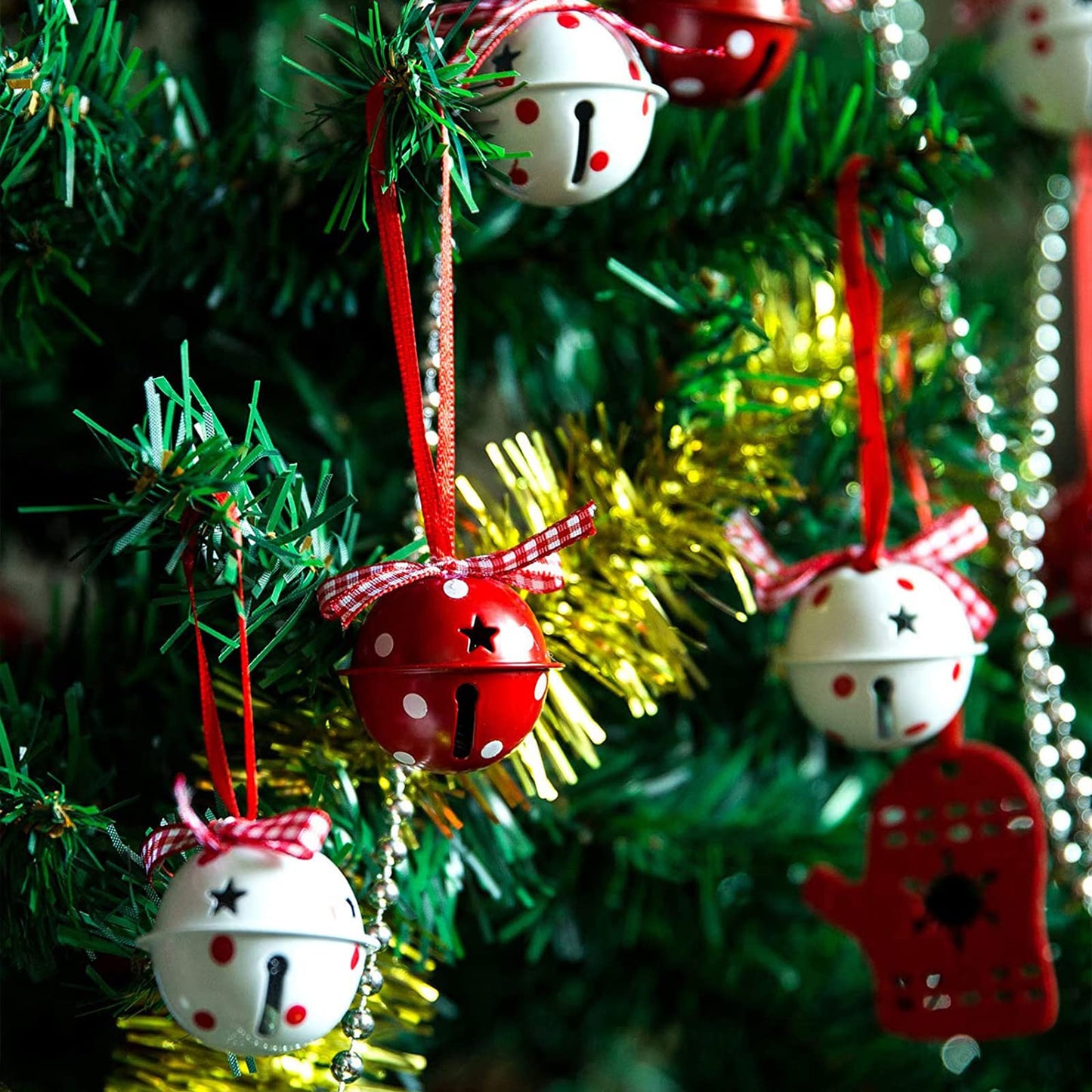 24 Pcs Christmas Jingle Bells 2" Star Cutouts Metal Decorative Bells with Ribbons Xmas Tree Ornaments for Wreath Festival Crafts Home Decorations