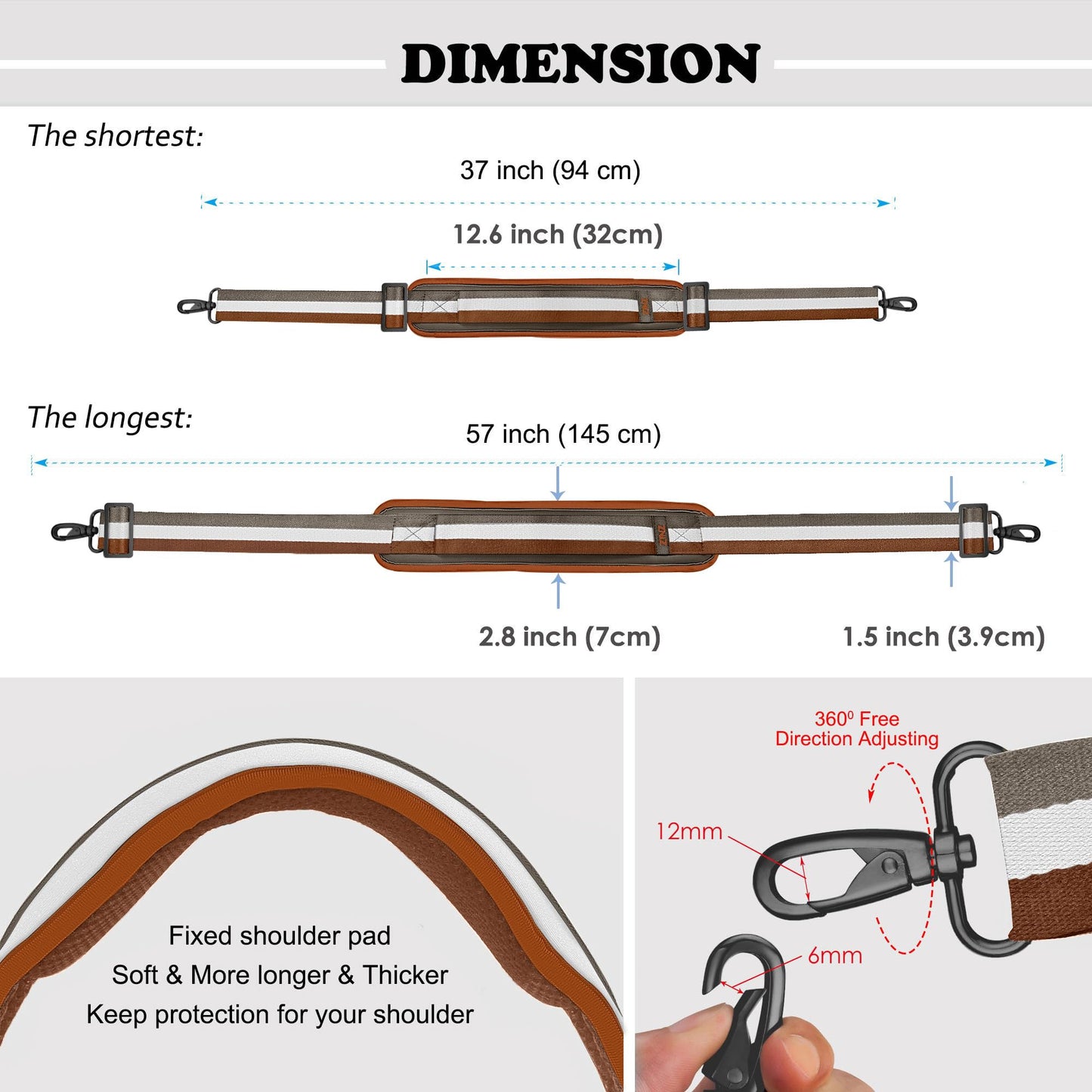 ZINZ Shoulder Strap, 57" Padded Adjustable Shoulder Bag Straps Replacement for Bags with D-Ring(Stripes-BrWGy)