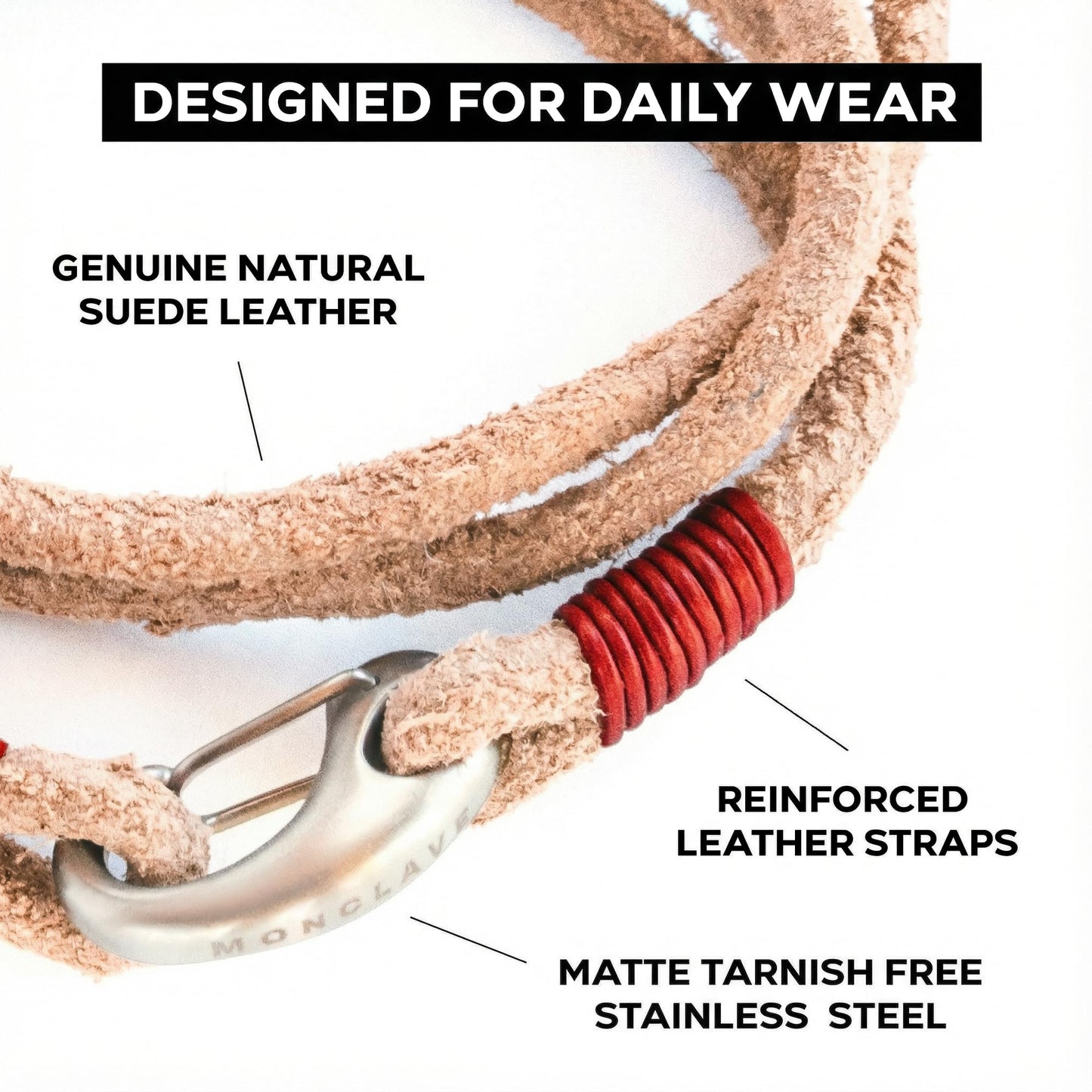 MONCLAVE Genuine Suede Leather Double Wrap Bracelet, Minimalist Unisex Wristband, Matte Finish Clasp, Premium Eco Friendly Gift Box Included