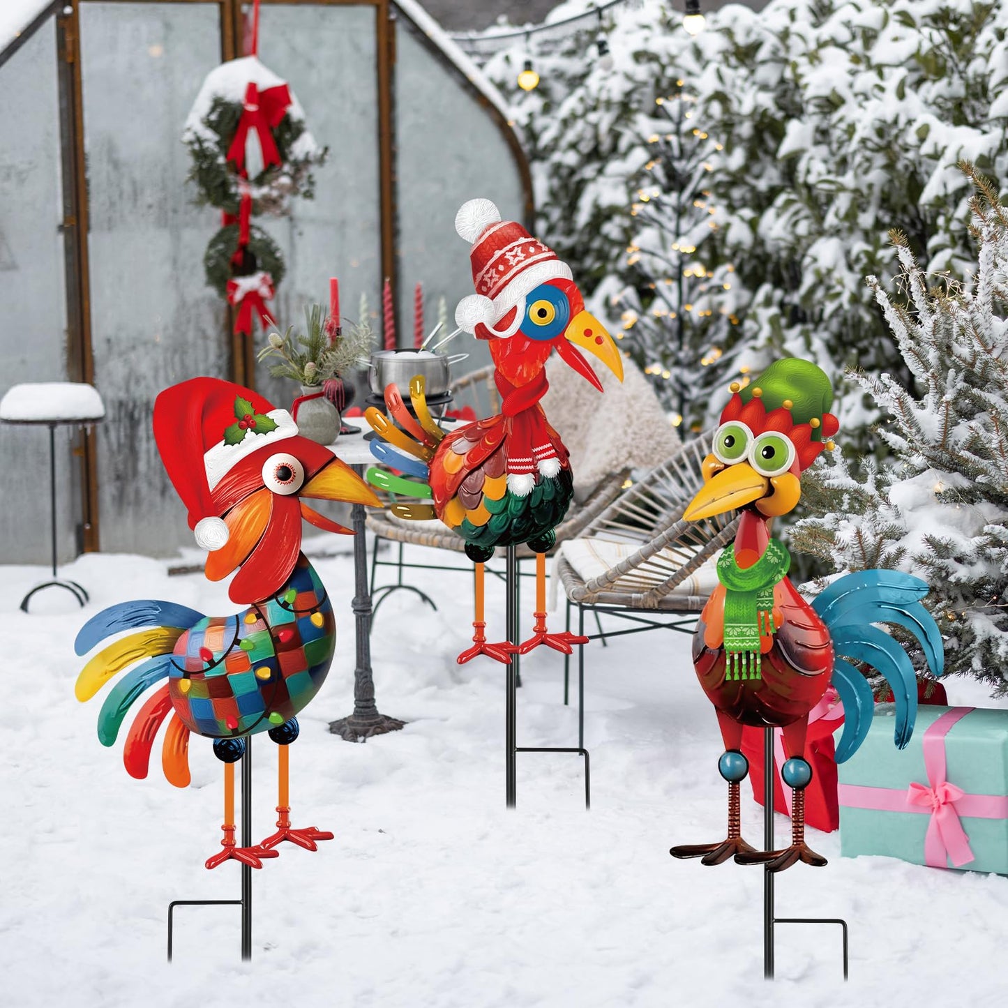 3 Pcs Christmas Chicken Outdoor Decorations Metal Christmas Glossy Rooster Chicken Yard Stakes Rooster Animal Garden Stakes Yard Art for Ground Yard Lawn Porch Sidewalk Xmas Holiday Decorations