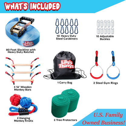 Double Ninja Slackline Obstacle Course for Kids | 80 Foot Line | Ninja Slackline Monkey Bars Playground Equipment | Ninja Ropes Course | Patented Double Line Design