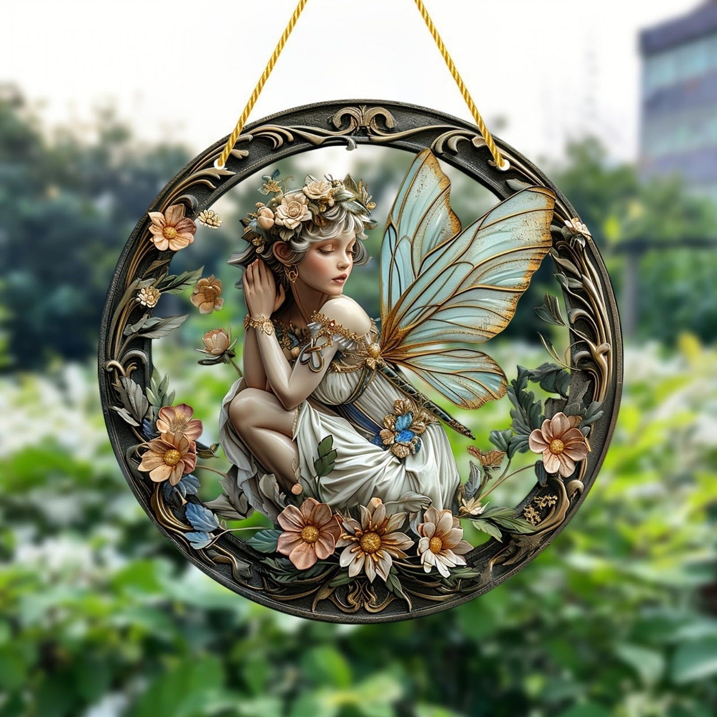 VTYFRY Flower Fairy Garden Decorations Angel Wing Christmas Halloween Deco Statue Art Elf Sculpture Hanging Craft for Outdoor Yard Courtyard Lawn Patio Window Acrylic Ornament Home Gift (A,S: 6*6 IN)