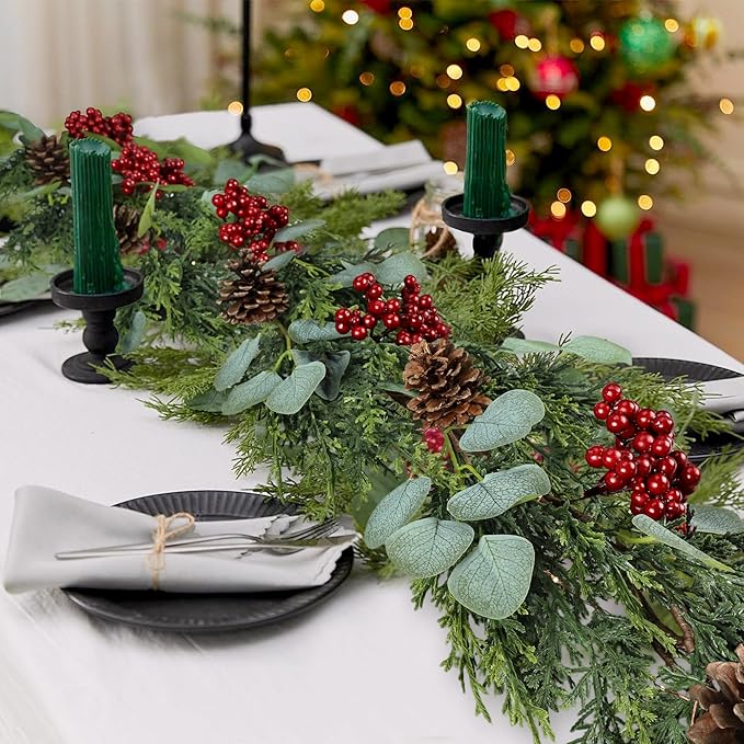 6FT Christmas Garland with Lights Artificial Pine Cypress Eucalyptus Garland with Red Berries Christmas Tips Cedar Garlands,Christmas Decorations Holiday Indoor Outdoor Winter Garland