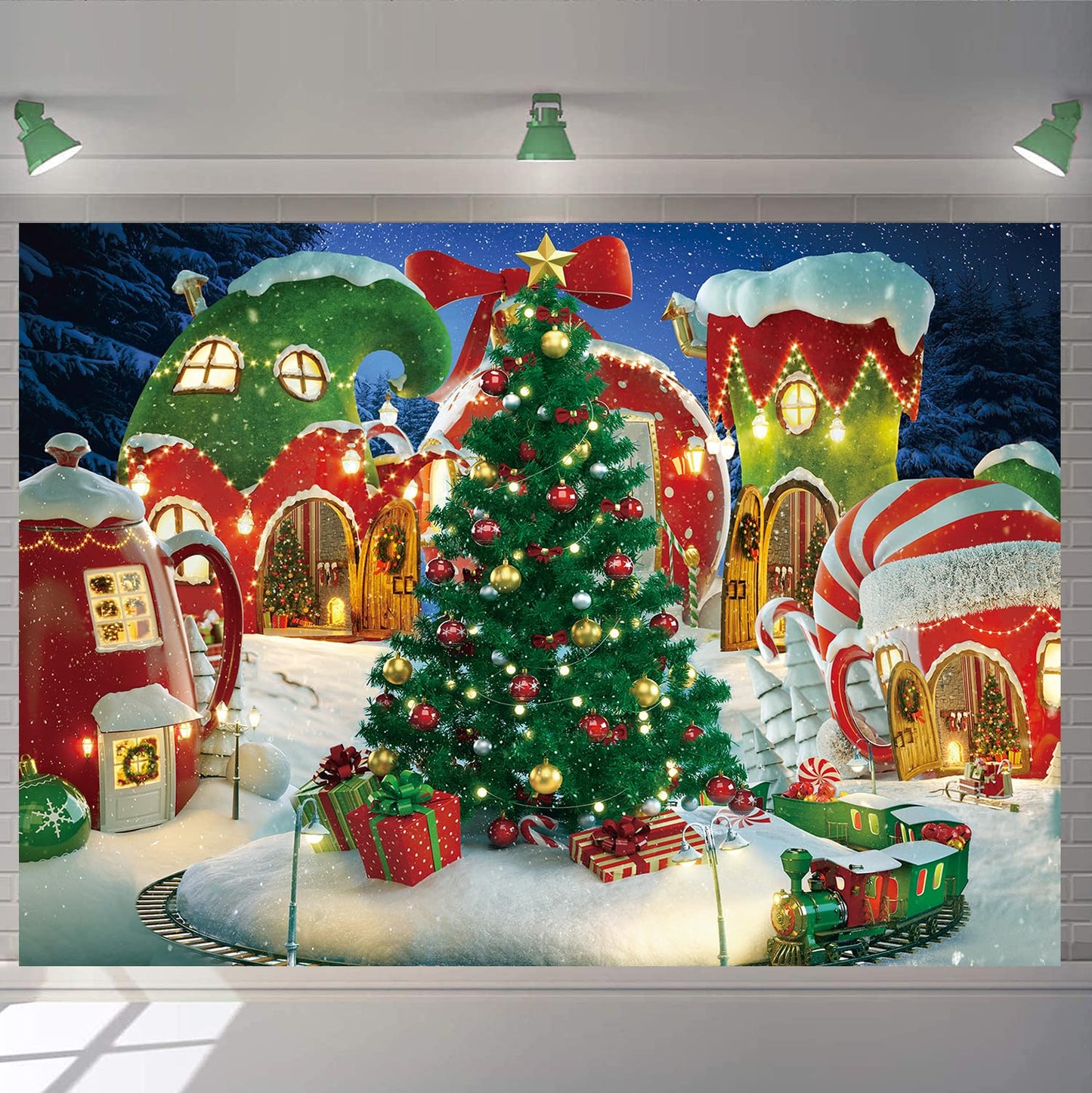 Cartoon Christmas Village Photography Backdrop Winter Snow Pine Tree Background Xmas Fairy Tale Animated Kid Party Photo Booth Banner Supplies (10x8)