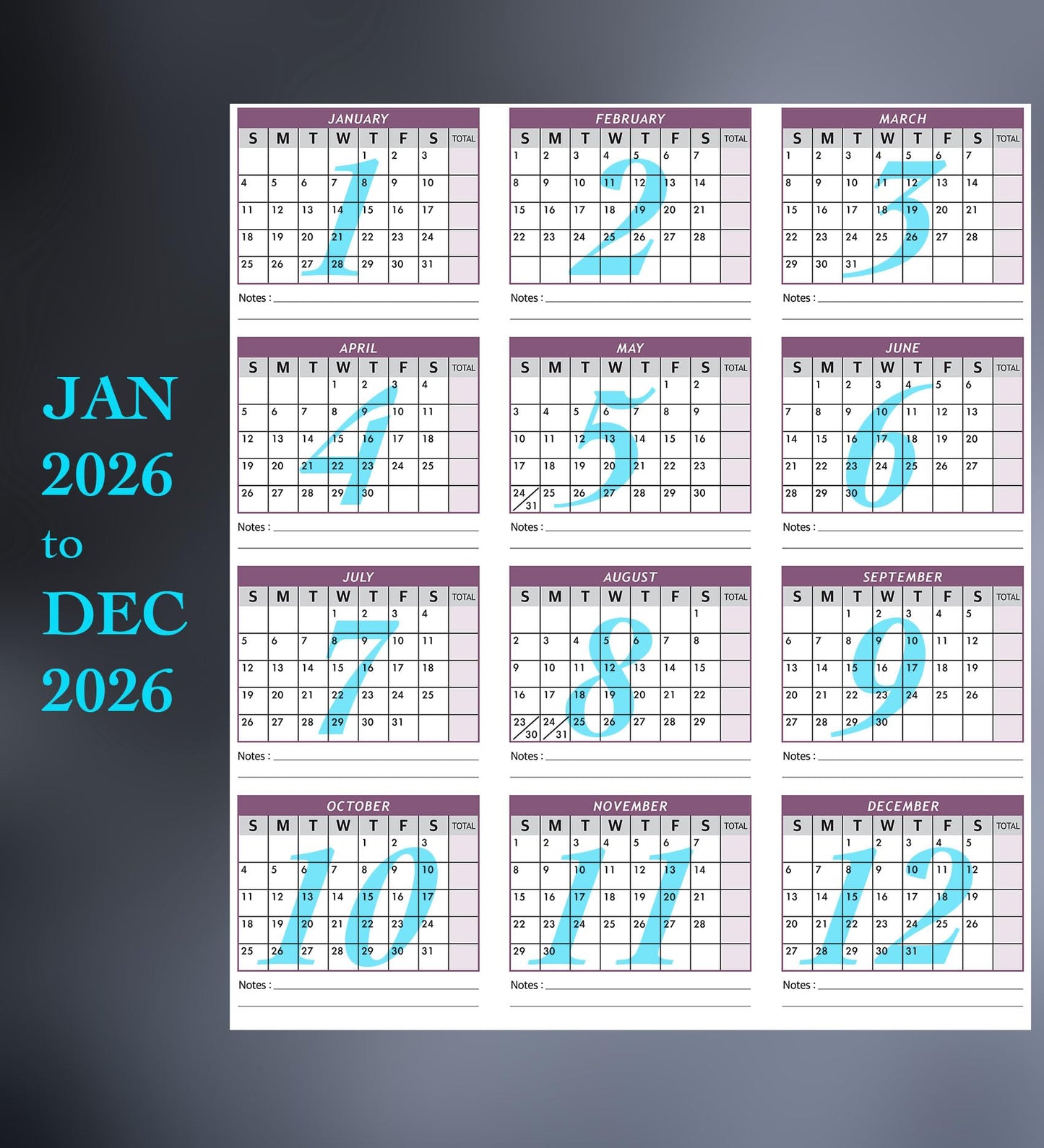 Attendance Calendar Employee Card Attendance Record Tracker 2026, Heavy 100lb Cardstock Paper 8.5 x 11 inches (Purple, Pack of 25 Sheets)