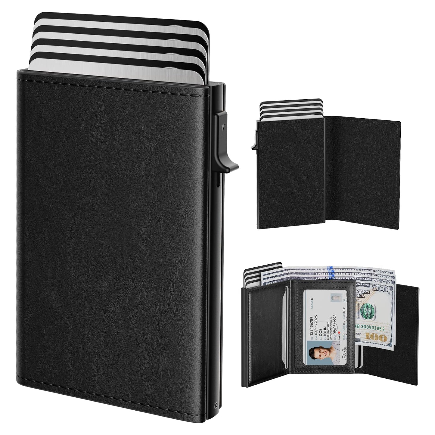 typecase Mens Wallet Card Holder: Pop Up Aluminum Case, Genuine Leather, Smart, RFID Blocking, Slim, Minimalist, Front Pocket - 9-14 Card Capacity | ID Window | Cash Slot - Oil Wax Black