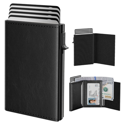 typecase Mens Wallet Card Holder: Pop Up Aluminum Case, Genuine Leather, Smart, RFID Blocking, Slim, Minimalist, Front Pocket - 9-14 Card Capacity | ID Window | Cash Slot - Oil Wax Black