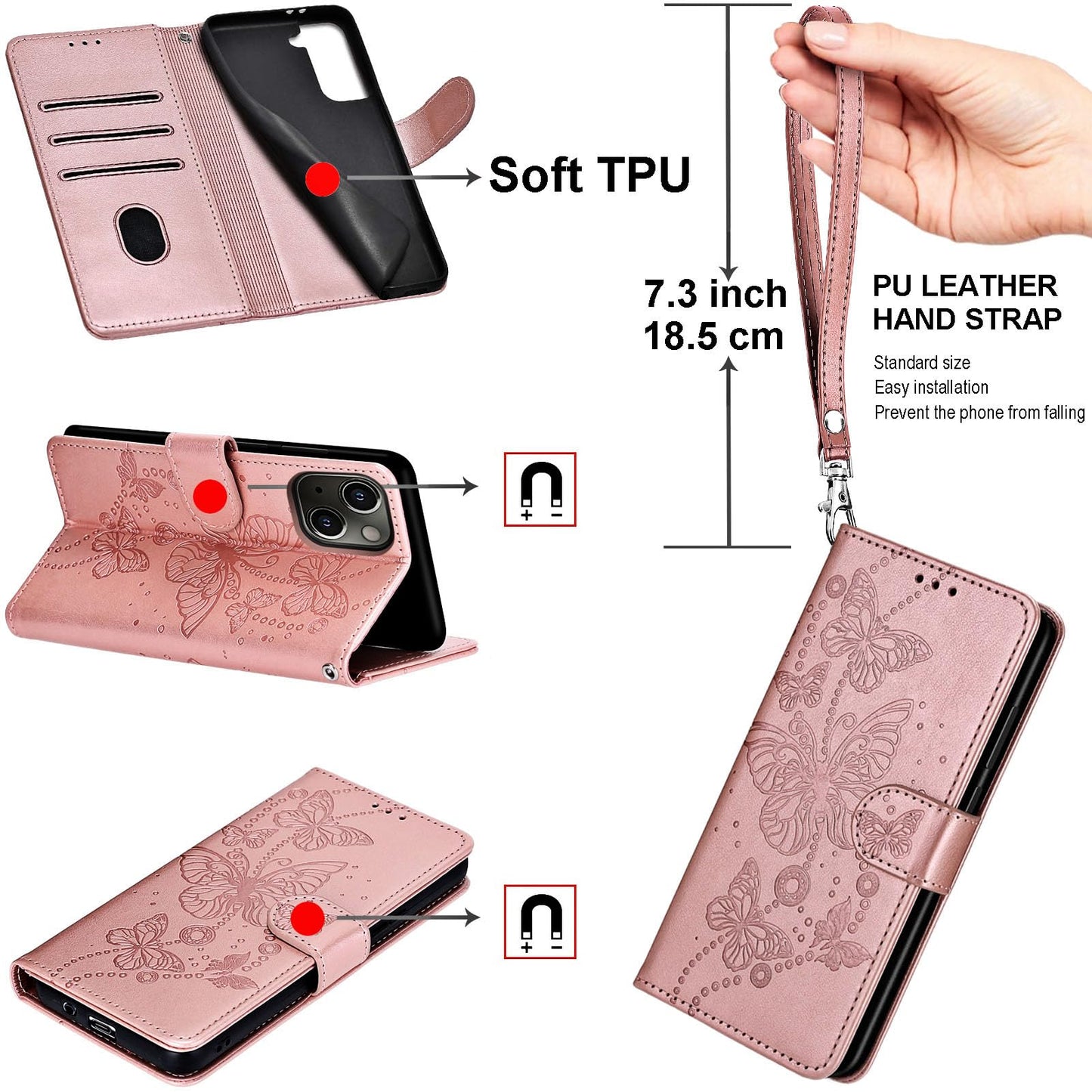 SASYMALY for Samsung Galaxy S24 Ultra Wallet case, Flip Folio Cover with Stand Feature for Women Men, PU Leather Phone Case Fit for Samsung Galaxy S24 Ultra [Rose Gold-Butterfly]