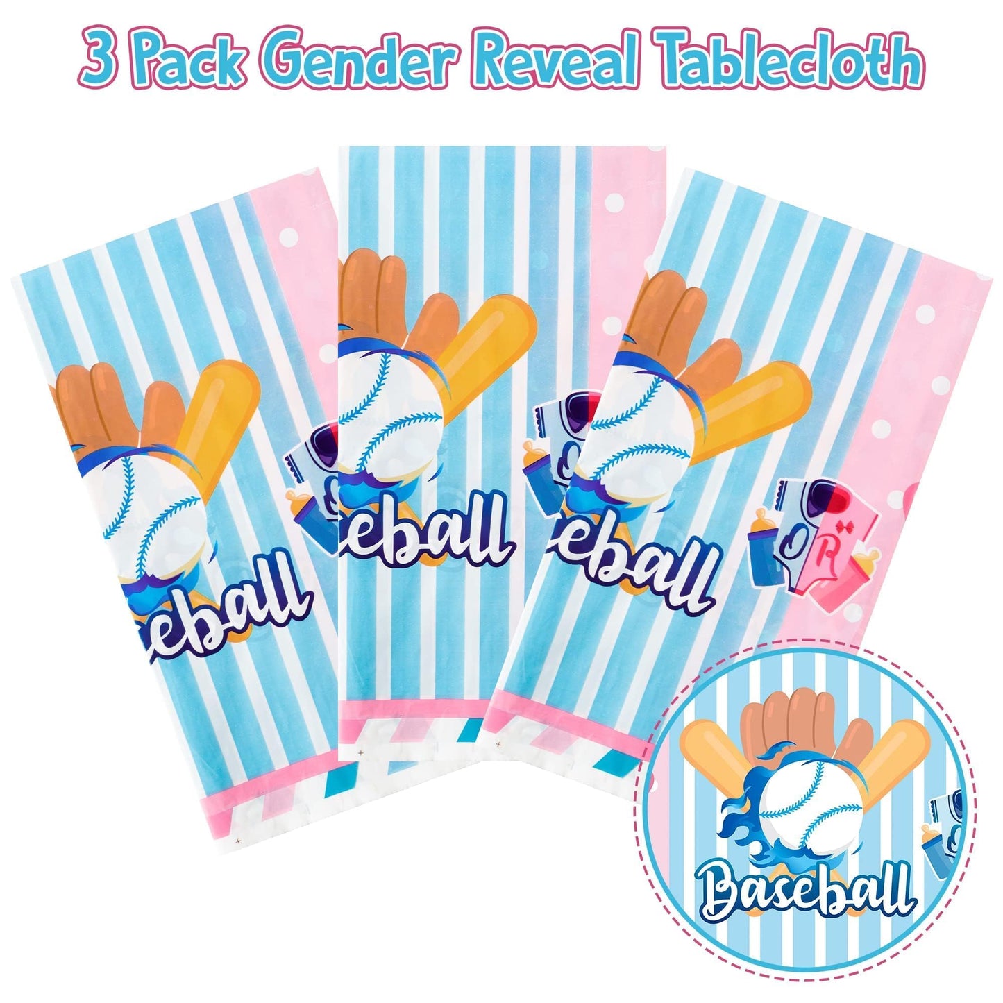 BkeeCten Gender Reveal Table Cover - 3 Packs Sport Baseball or Bow Gender Reveal Disposable Waterproof Plastic Rectangle Table Cloth Gender Reveal Party Favor Decoration Supplies(54x108 Inch)