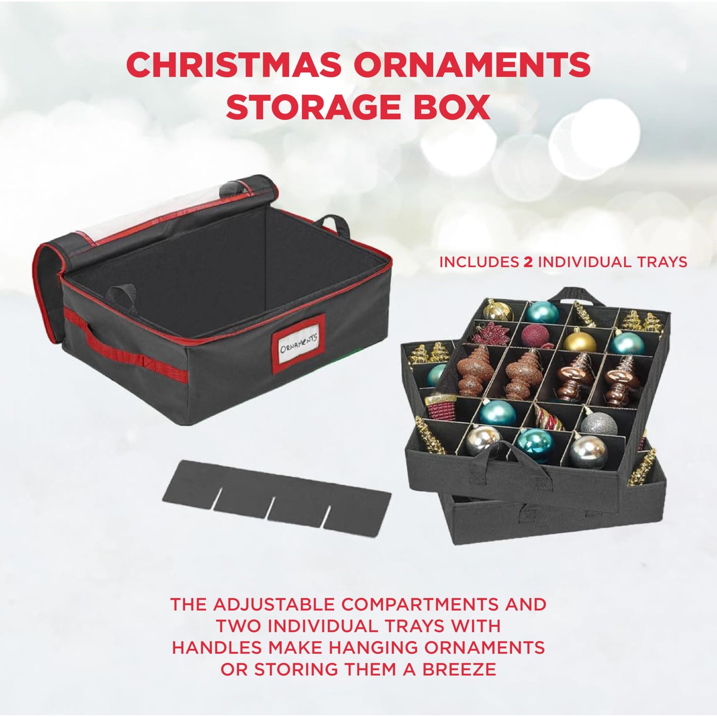HOLDN’ STORAGE Christmas Ornament Storage Box with Dividers - Fits 48-3” Ornaments, 2 Removable Trays, Durable & Space-Saving, Clear Top Lid, Fits Underbed, Charcoal