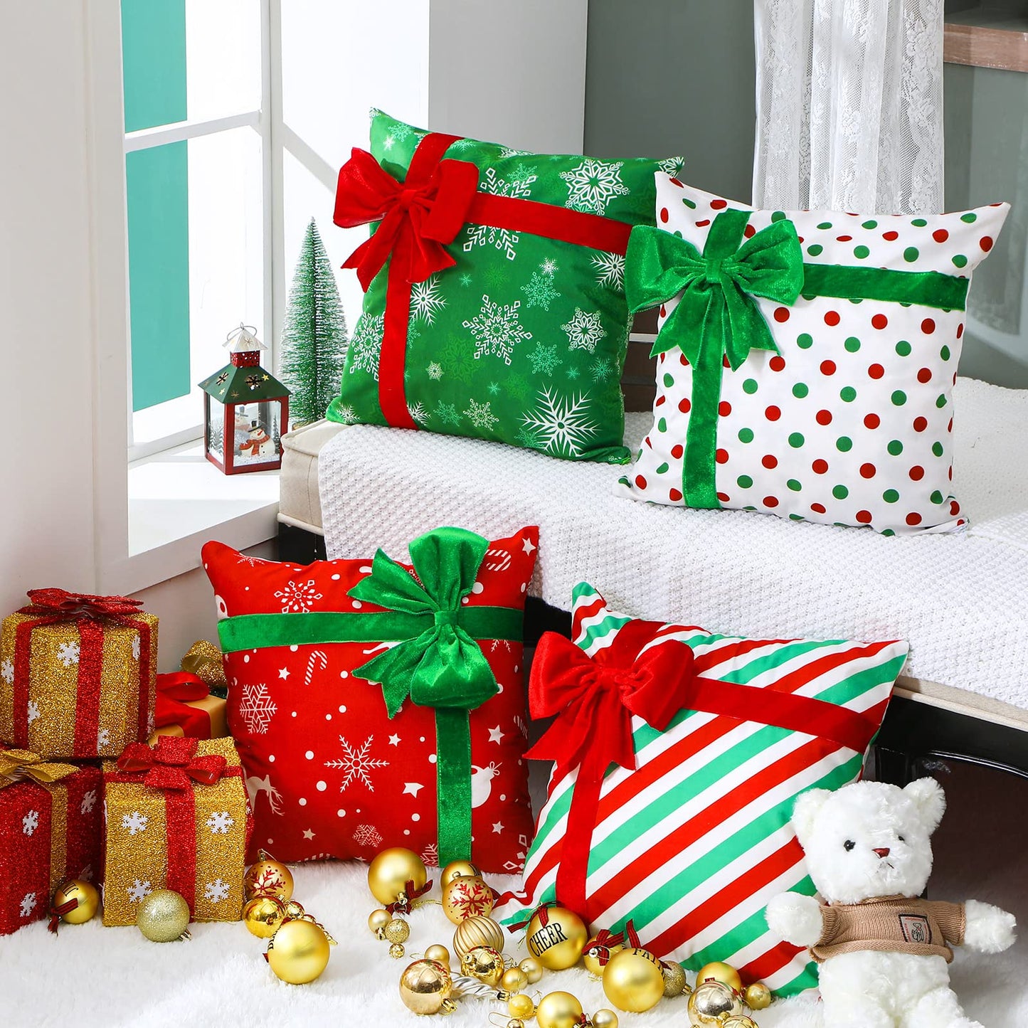Kingdder Christmas Pillow Covers 18 x 18 Inch Set of 4 Farmhouse Xmas Throw Pillow Cases Gift Box Style Red Green White Snowflake Bow Decoration for Couch Holiday Sofa Cushion Decor