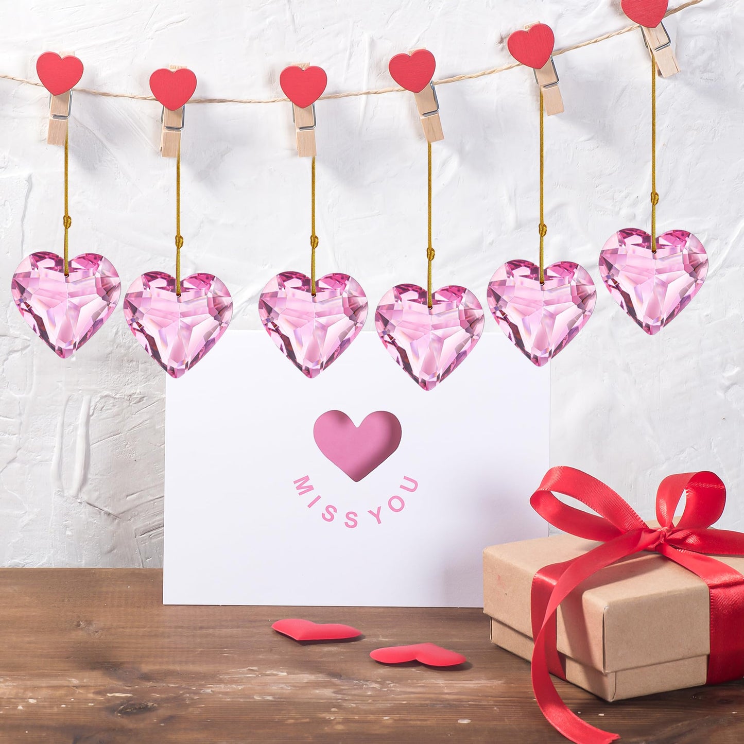 H&D HYALINE & DORA 6pcs Pink Heart Crystal Ornaments Valentine's Day Heart Shaped Ornaments Rainbow Hanging Crystals Ornament Pendant for Window, Wedding Decoration