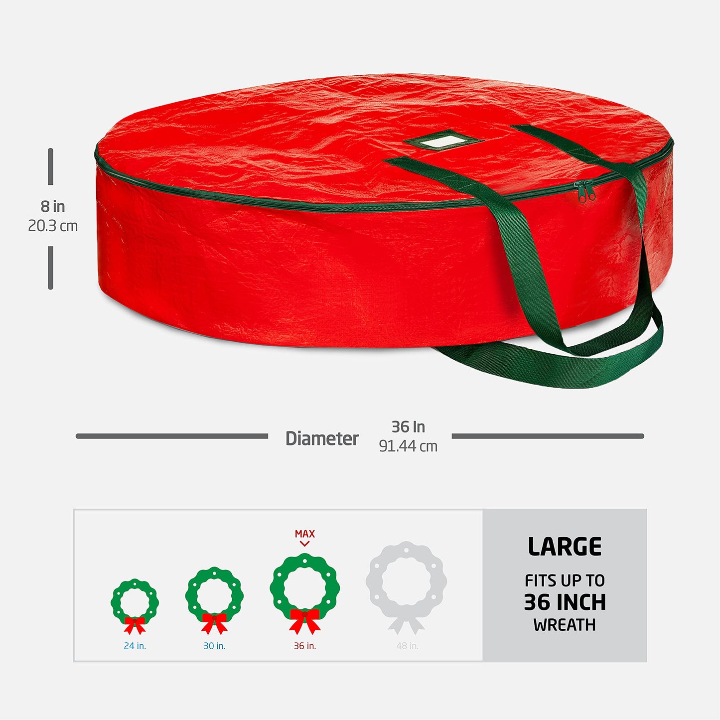 ZOBER Christmas Wreath Storage Container 36 Inch - Wreath Bag for Artificial Wreaths Box - Dual Zippered Wreaths Storage Bag with Strong Durable Handles - Red