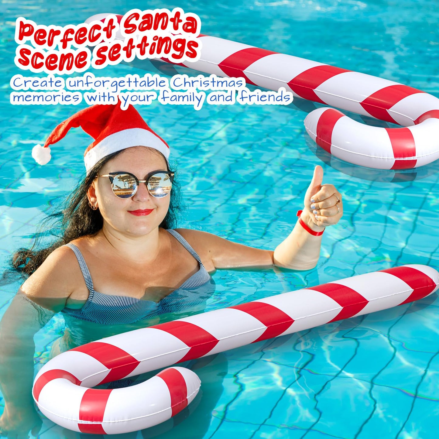 Leyndo 2 Pcs 5.5 ft Christmas in July Candy Cane Summer Christmas Candy Cane Inflatable Pool Noodles Jumbo Floats Swim Floating Noodles for Indoor Outdoor Swimming Pool (Red and White)