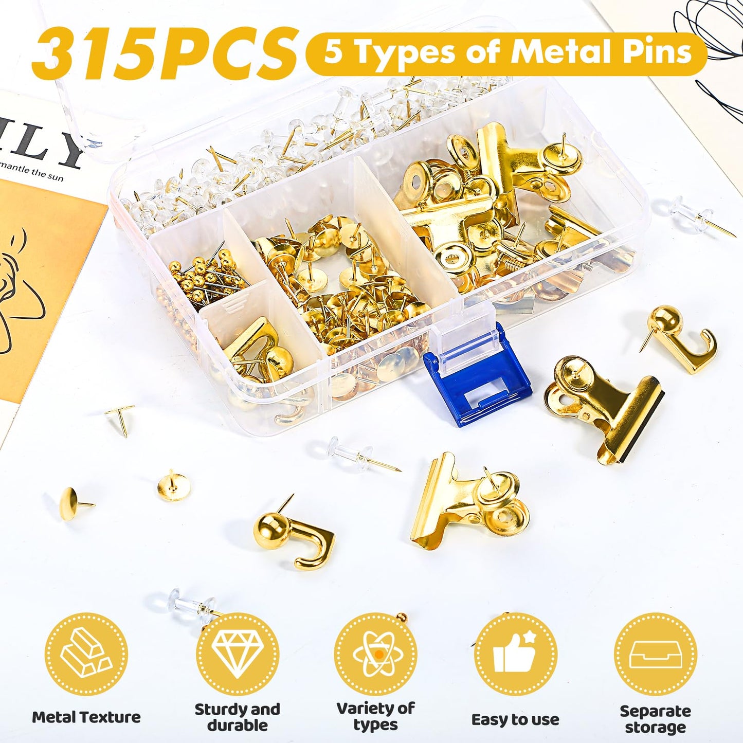 GOOLADA 315Pcs 5 Style Gold Push Pins, Decorative Push Pins, Cute Pushpin Clip, Push Pin Hooks, Gold Metal Thumb Tacks Office Accessories for Cork Board Map Office
