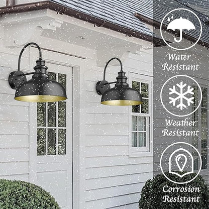 Bestshared Gooseneck Barn Light 14 Inch Dome Farmhouse Outdoor Wall Sconce,Exterior Wall Mount Lighting Fixture Outdoor Lantern Lamp for Front Door, Entryway,Patio,Garage (Black+ Gold, 14” Dome-2Pack)