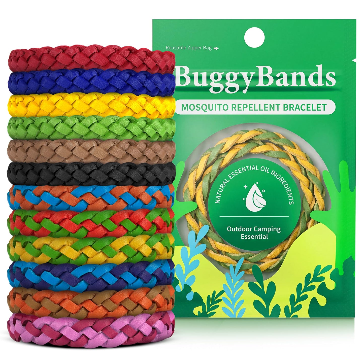 BuggyBands 24 Pack Mosquito Repellent Bracelets for Adults & Kids, DEET-Free, Individually Wrapped, Adjustable PU Leather Bug Repellent Wrist Bands