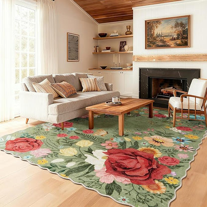 Washable Rugs for Living Room: 5x7 Area Rugs for Bedroom Soft Ultra Thin Stain Resistant Non Slip Low Pile Lightweight Vintage Floral Carpet for Dining Room Decor (Green)