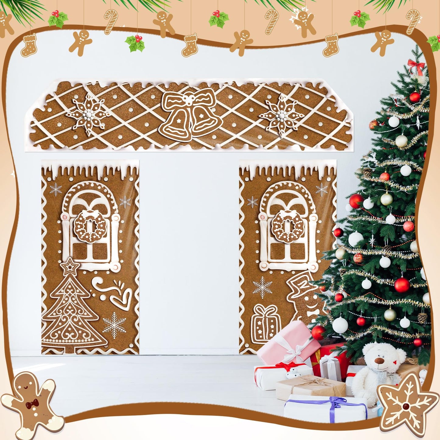 HunnmingRe 3 Pcs Christmas Gingerbread House Decorations Gingerbread Door Covers Backdrop Christmas Door Banners for Xmas Holiday Party Photography Photo Background Decor(Snowflakes Style)