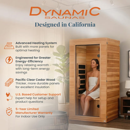 DYNAMIC SAUNAS Elite 1 Person Compact Ultra Low EMF FAR Infrared Sauna with Red Light Therapy & Bluetooth Speakers - Personal Indoor for Home & Gym