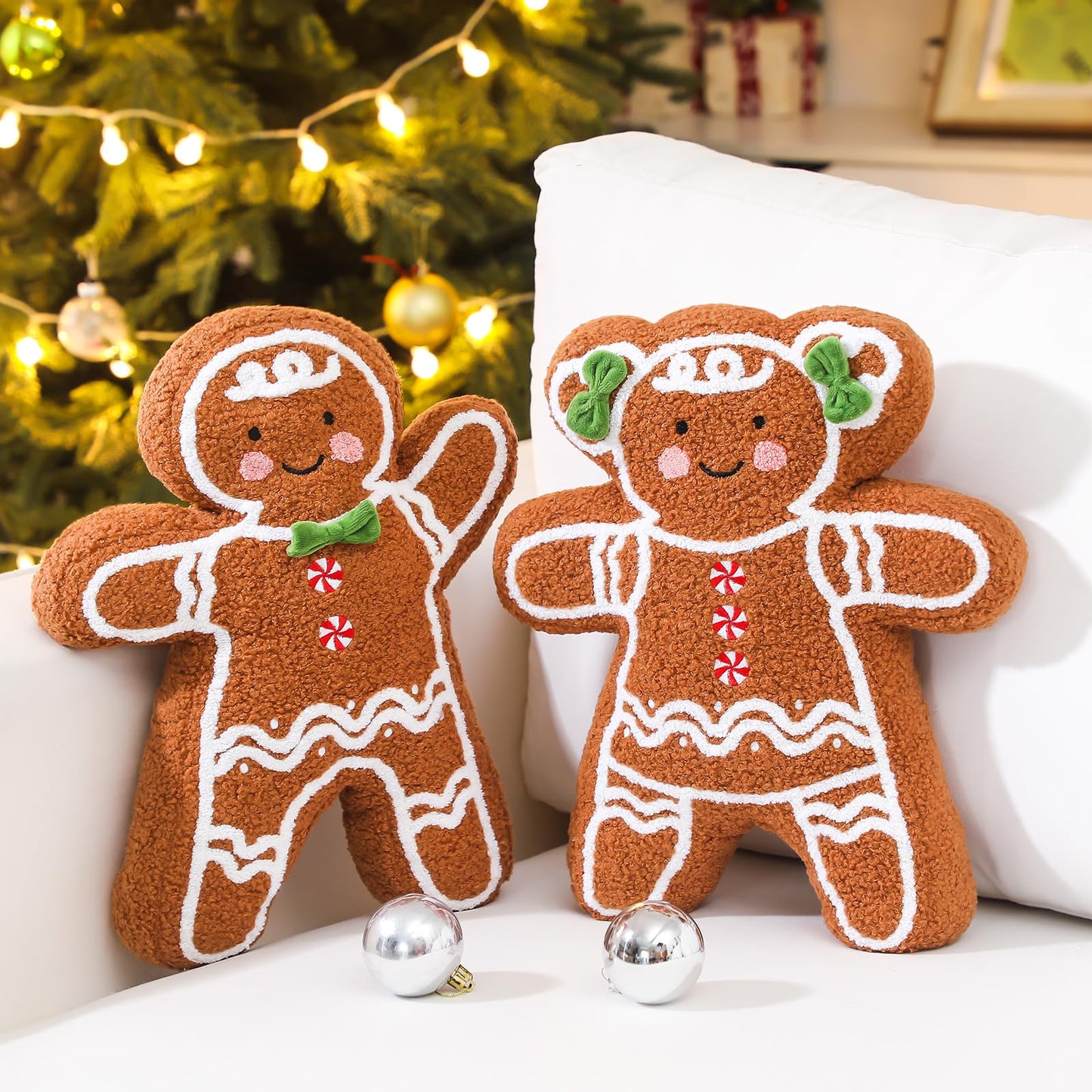 Burbell 2 Pack Gingerbread Couple Throw Pillows 12.5 x 15 Inch Christmas Plush Pillows Soft Sherpa Gingerbread Man Woman Dolls for Holiday Party Cushion Bed Room Decorative Xmas Gift