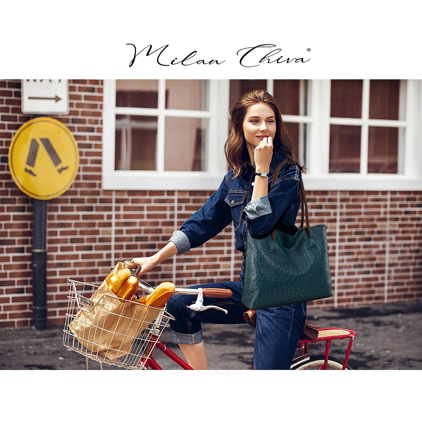 Milan Chiva Leather Tote Bag for Women with Zipper Large Ostrich Hobo Purse Shoulder Purses and Handbags Deep Blue Gift MC-1038LKB
