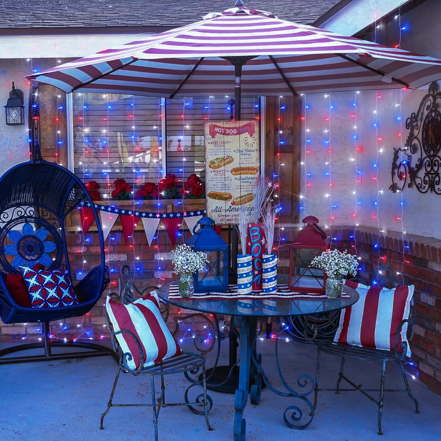JMEXSUSS 300LED Red White and Blue Lights with Remote, 4th of July Lights Plug in, Patriots Curtain Hanging String Lights for Bedroom Wall Window Backdrop Indoor Outdoor 4th of July Decor, 9.8x9.8ft