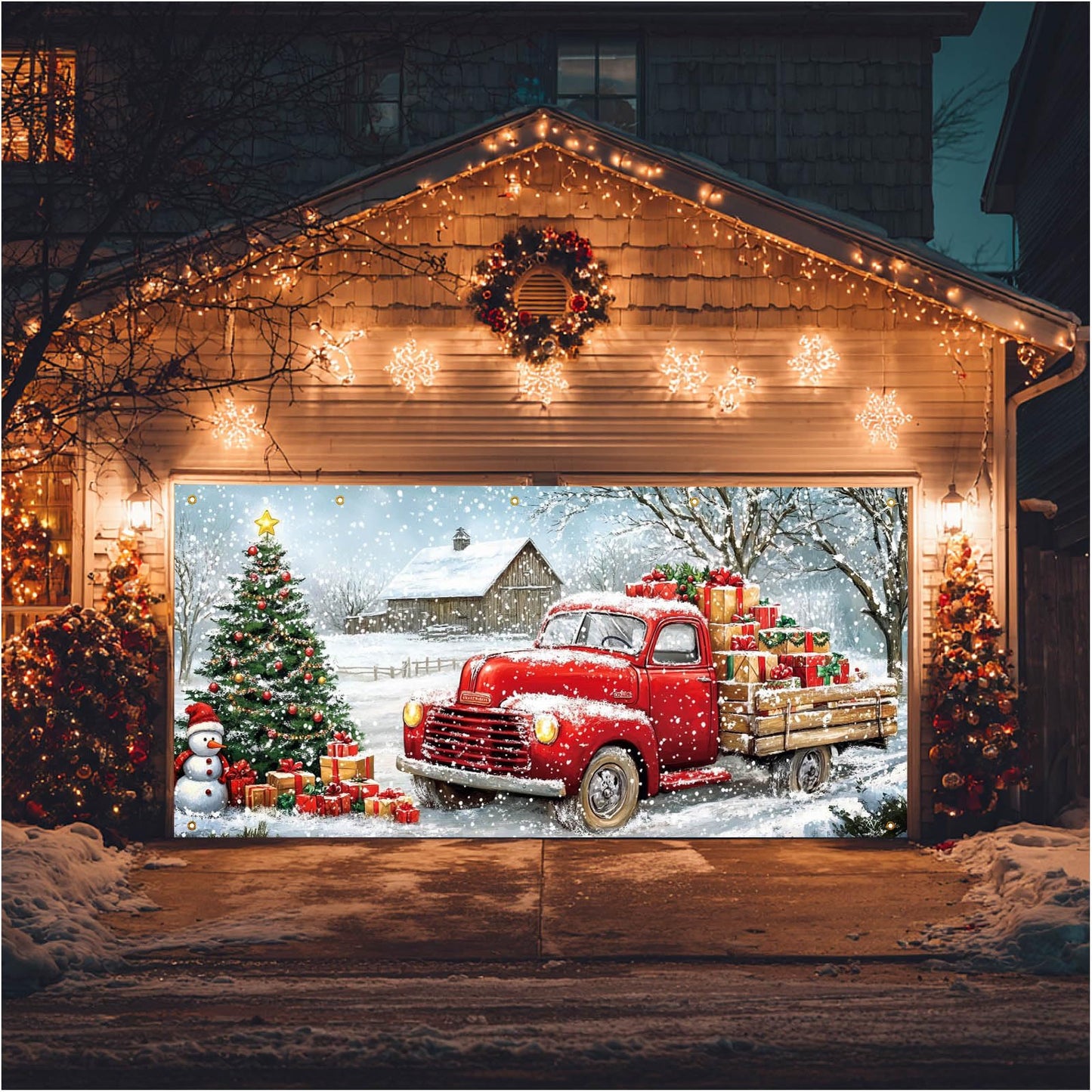 HOMETITUTE Christmas Garage Door Banner 13x6ft Red Truck Christmas Tree Snowman Barn Theme Backdrop Banners for Outside Inside Winter Door Cover Garage Wall Covering for Party Garage Decorations