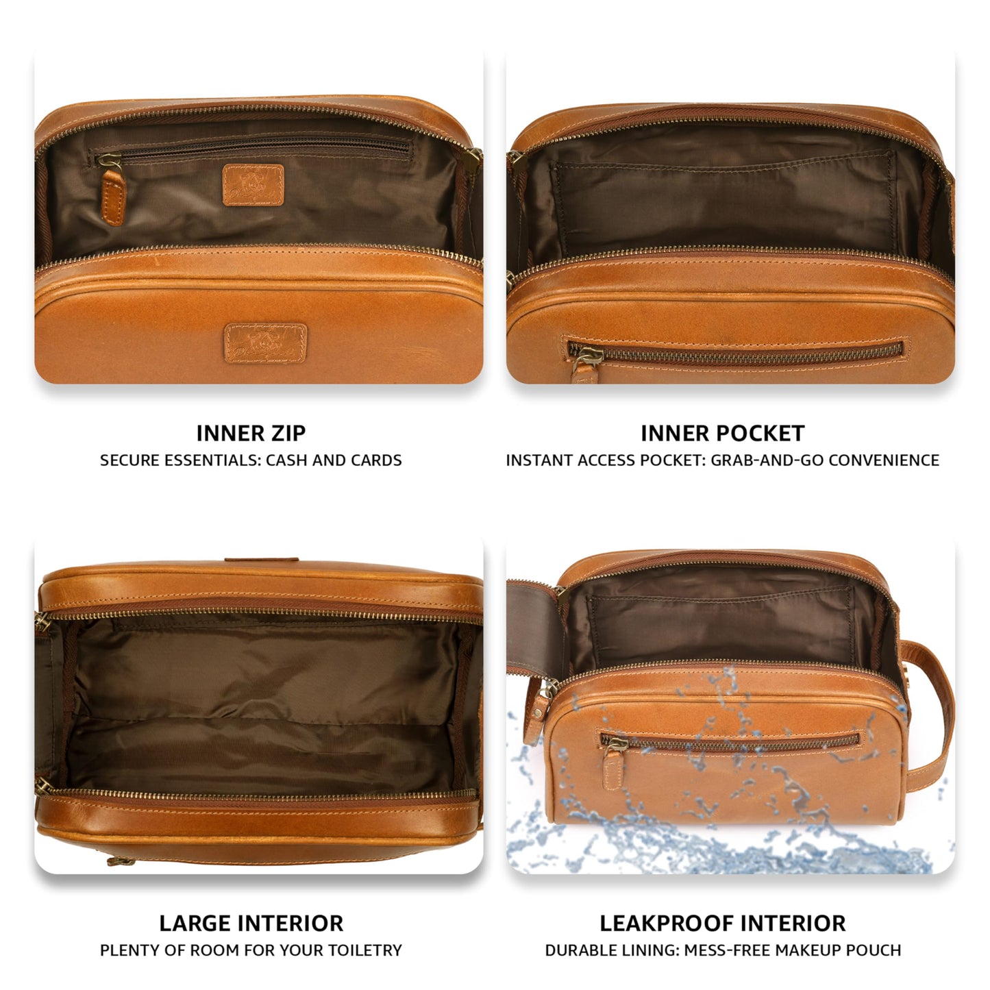DHAMPOOH Premium Leather King Size Toiletry Travel Pouch – Handcrafted Dopp Kit Bag with Waterproof Lining, Spacious Design for Travel Essentials, Elegant Tan Finish