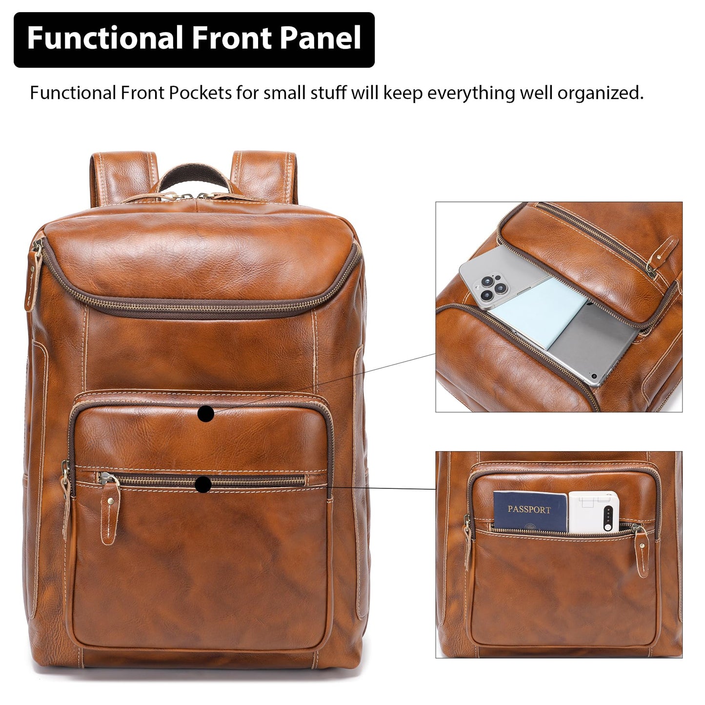 LANNSYNE Vegetable Tanned Leather Backpack For Men, 17" Laptop Backpack, Casual Outdoor Business Travel Rucksack, YKK Zippers