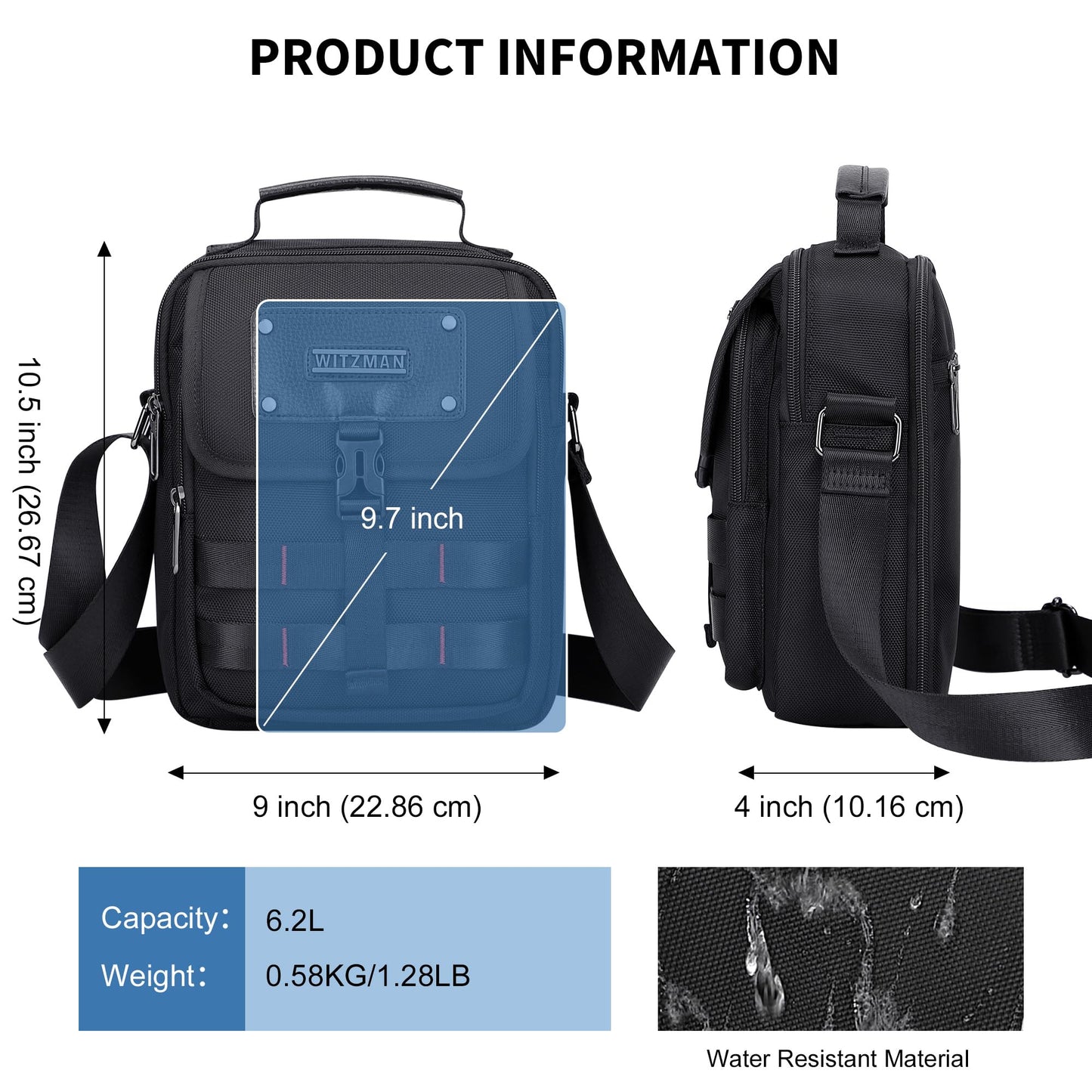 WITZMAN Crossbody Bag for Men Lightweight Man Purse Messenger Bag Casual Satchel Nylon Shoulder Bag for Work Traveling(B708 Black)