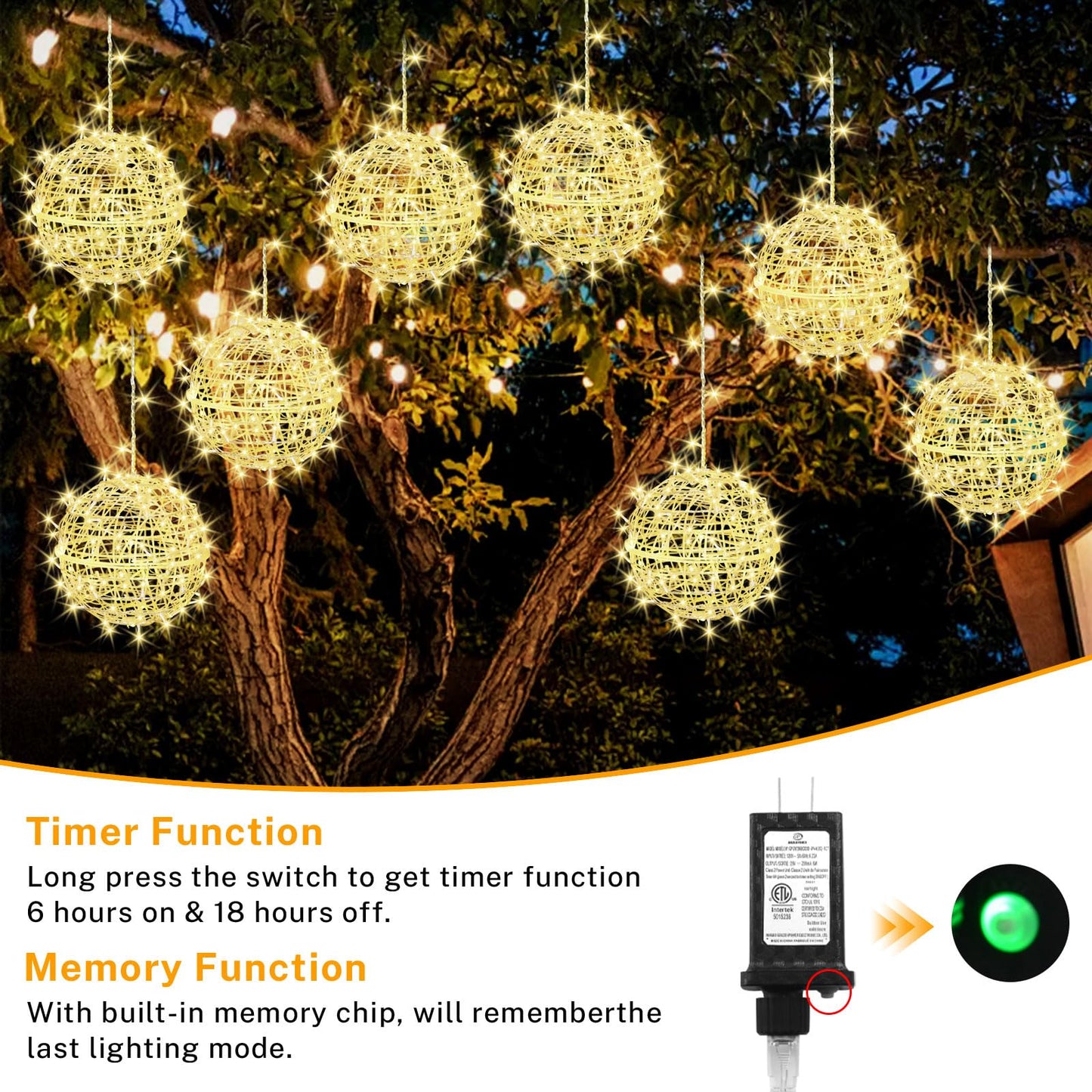 Outdoor Christmas Balls Lights 4 Pack Hanging 7.1" LED Garden Sphere Tree Lights 8 Modes Waterproof Glow Globe Lights with Memory Timer Plug for Party Yard Porch Eave Patio Xmas Decorations-Warm White
