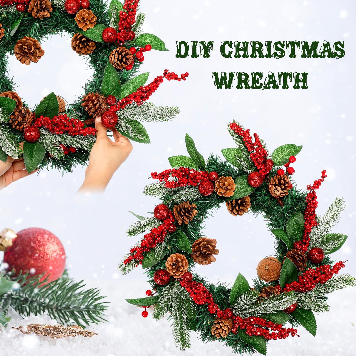 Boao 12 Pieces Glittery Pine Snowy Flower Picks Artificial Holly Red Berry Pine Cone Picks Fake Berries Pine Cones for Christmas Crafts Party Festive Home Decor (Glitter Sequins Style, 11 Inch)